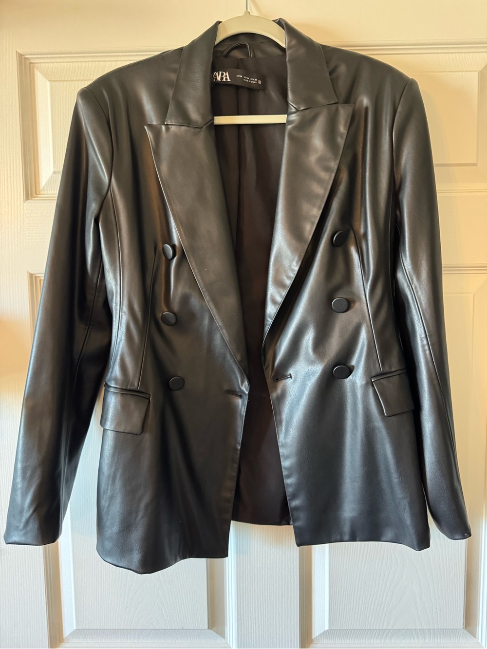 ZARA Black Double-Breasted Faux Leather Blazer